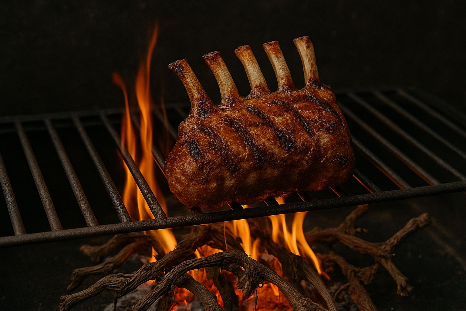 Agneau grillé sur ceps de vignes, spécialité du Pays basque espagnol.