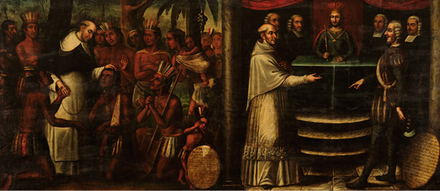 Bartolomé de las Casas avec les indiens et à la controverse de Valladolid (XVIe siècle). Tableau de l'Atelier des frères Cabrera -Domaine public.
