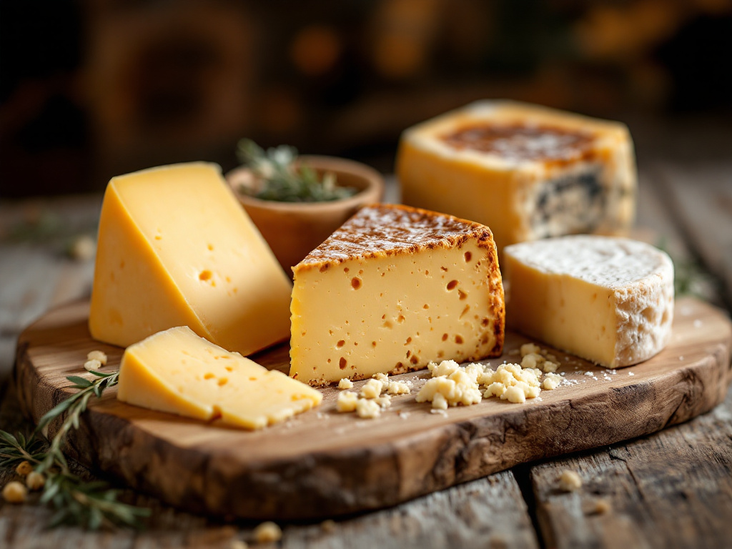 Une variété de fromages espagnols sur une planche en bois, dont le Manchego, l'Idiazábal, l'Arzúa-Ulloa et le Cabrales, présentant leurs différentes textures et couleurs.