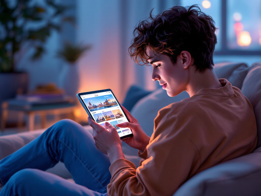 Jeune voyageur consultant un guide de voyage numérique sur sa tablette.