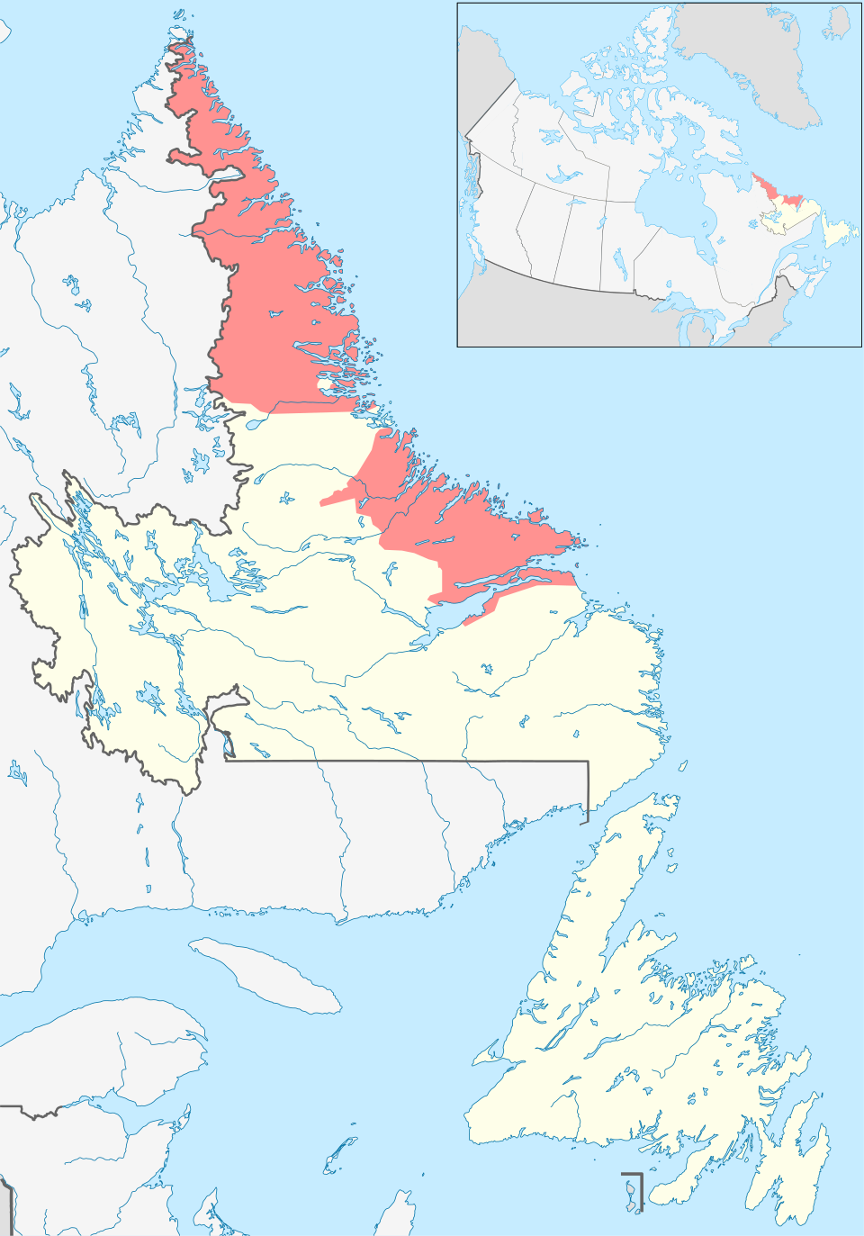 Le Nunatsiavut mis en évidence sur la carte de Terre-Neuve-et-Labrador, Canada. Par Fenn-O-maniC, travail personnel, Creative Commons Attribution-Share Alike 4.0 International.