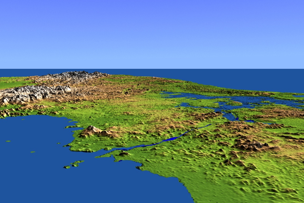 Vue du canal de Panama vers l'ouest; en haut de l'image la mer des Caraïbes, en bas à gauche l’océan Pacifique Par la NASA — 16263PIA03368, Domaine public.