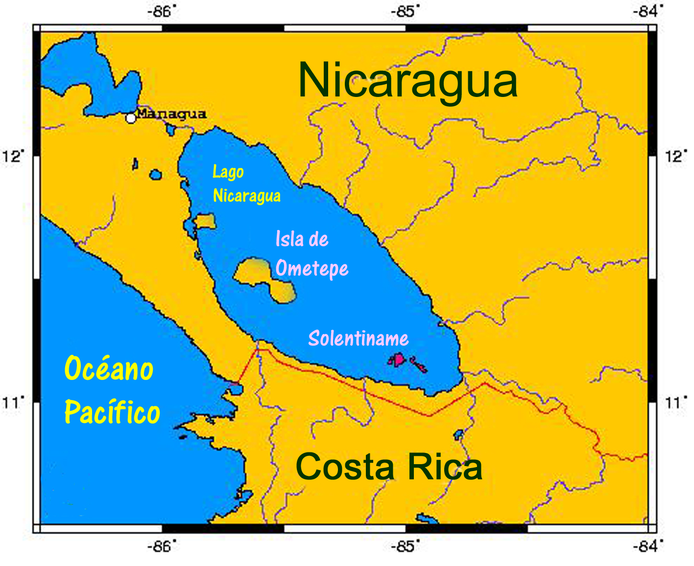 Localisation de l'île d'Ometepe et de l'archipel de Solentiname dans le lac Nicaragua. Domaine public.