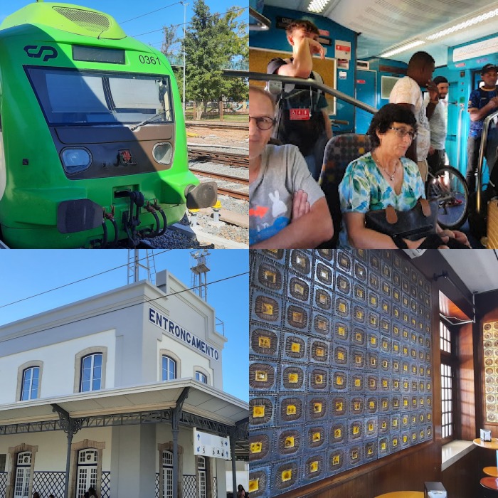 1ère rangée : le petit wagon automoteur qui relie Bajadoz en Espagne à Entrocamento au Portugal; à bord de ce train.
2e rangée : la gare d'Entrocamento; le beau décor rétro du café de la gare d'Entrocamento.
Photos © Daniel Desjardins