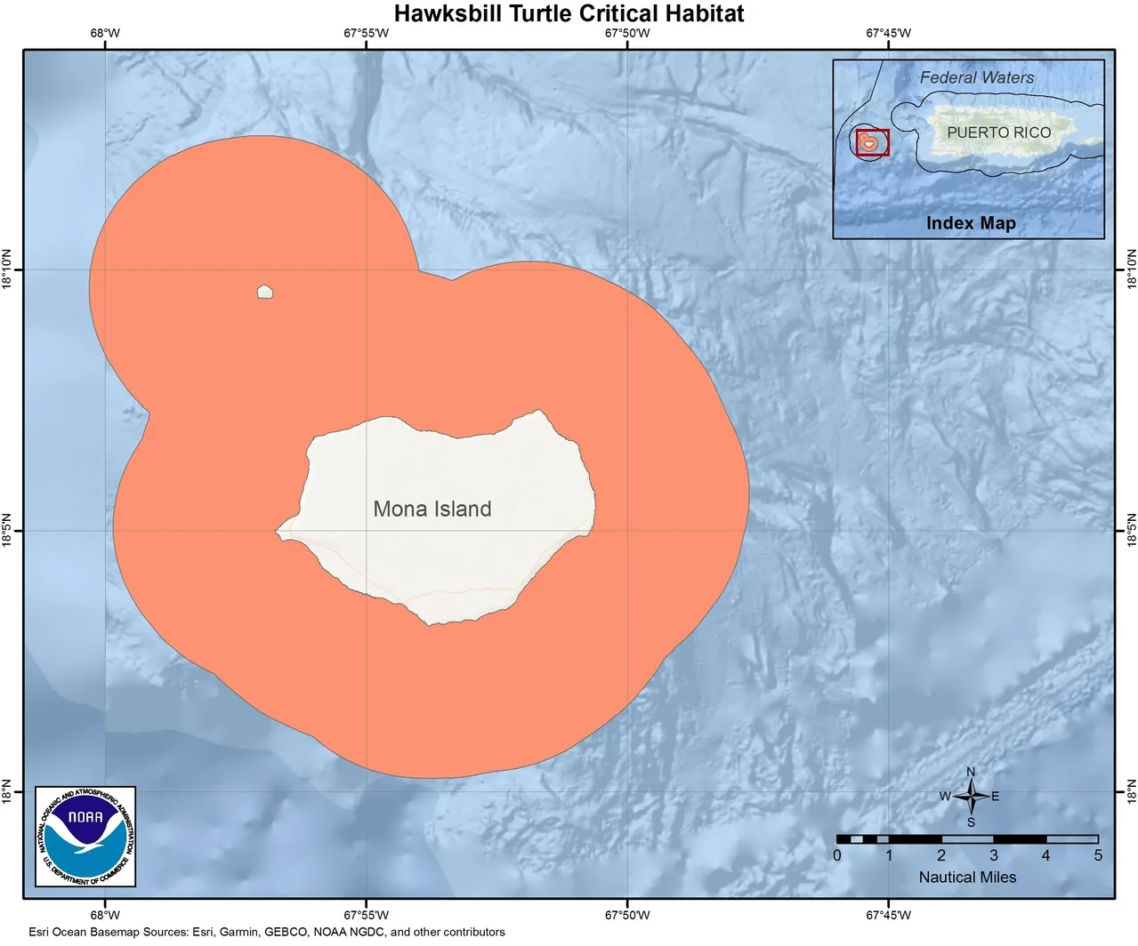 Carte de l’habitat essentiel de la tortue imbriquée avec l'île Mona et la minuscule Monito à l'ouest de Puerto Rico. Carte : National Oceanic and Atmospheric Administration - domaine public